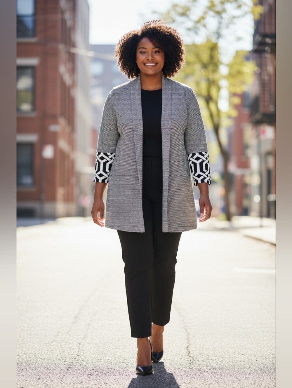 Misook Open-Front Black White Cardigan Jacket with Printed Cuffs Sz 2X